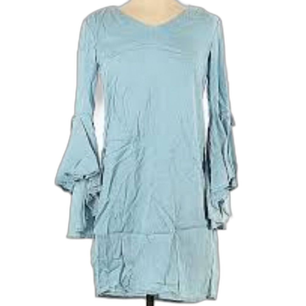 Sharagano Light Blue 100% Lyocell Mini Dress w Ruffled Tiered Bell Sleeves 4P